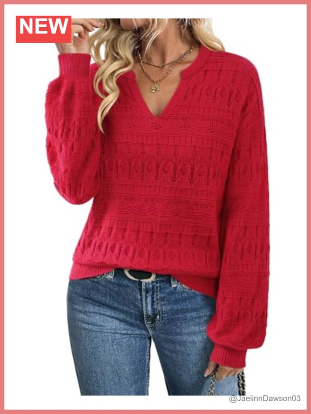 Crochet Pullover Sweater Lightweight Lantern Sleeve V Neck Oversized Knit